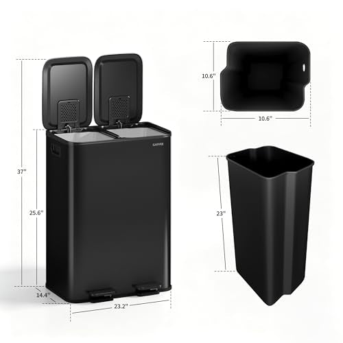 2x8 Gal Dual Compartment Stainless Steel Kitchen Trash Can with Lid, 30L+30L Recycling Garbage Bin, Soft Close Foot Pedal Trash Bin with 2 Removable Inner Buckets, Fingerprint Resistant for Home Offic - color: Black, size: 2x8 Gal