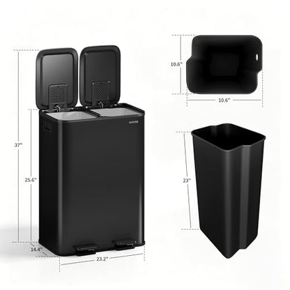 2x8 Gal Dual Compartment Stainless Steel Kitchen Trash Can with Lid, 30L+30L Recycling Garbage Bin, Soft Close Foot Pedal Trash Bin with 2 Removable Inner Buckets, Fingerprint Resistant for Home Offic - color: Black, size: 2x8 Gal