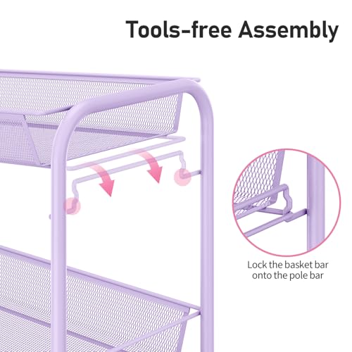 TOOLF 3 Tier Rolling Cart, Metal Utility Storage Cart with Wheels, Purple - color: Purple, size: 3-Tier