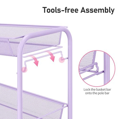 TOOLF 3 Tier Rolling Cart, Metal Utility Storage Cart with Wheels, Purple - color: Purple, size: 3-Tier