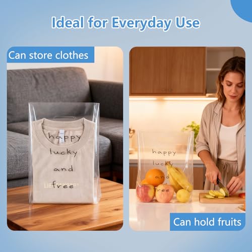 100 Clear Plastic Bags With Handles - color: Happy lucky and free, size: 12.6"x14.2"