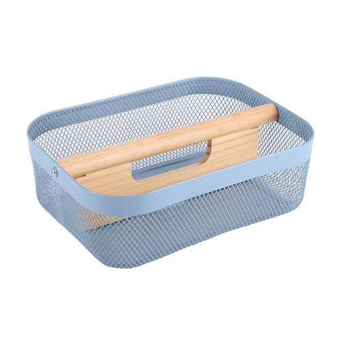 AJIODA Metal Mesh Steel Storage Basket, Garden Harvest Wire Organizer Basket Multi-functional Kitchen Fruit Basket with Wooden Removable Partition & Handle for Bathroom Picnic Decor Cabinet, Blue - color: Blue
