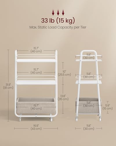 VASAGLE Storage Cart with Fabric Basket, 3-Tier Rolling Utility Cart - color: Cloud White + Camel Brown, style: 16.9"D x 11.8"W x 31.9"H