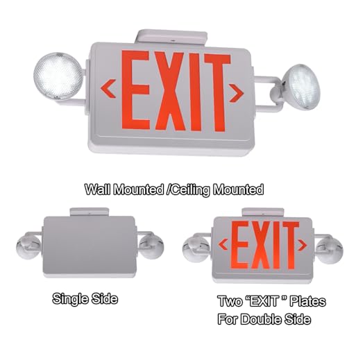 Emergency Exit Sign with Lights Battery backup, 200lm 3Hours Plug in Red Exit Signs with Emergency Lights for Business, Battery Operated,UL 924 AC85-277V - color: White Housing +Red EXIT, size: Round Heads