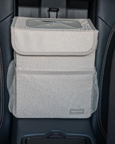 SIBOFUEGO Cute Car Trash Can with Lid, Collapsible, Leak-Proof, 2 Gallon - color: Leopard Print Beige, size: 2 Gallons