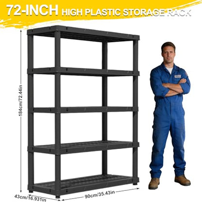72”H Plastic Garage Storage Shelves,5-Tier Heavy Duty Plastic Shelving,700LBS Plastic Shelving Units Free Standing,for Home,Garage,Basement, Laundry,Black,16.93" Dx35.43 Wx72.44 H - size: 72.44" H x 35.43" W x 16.93" D