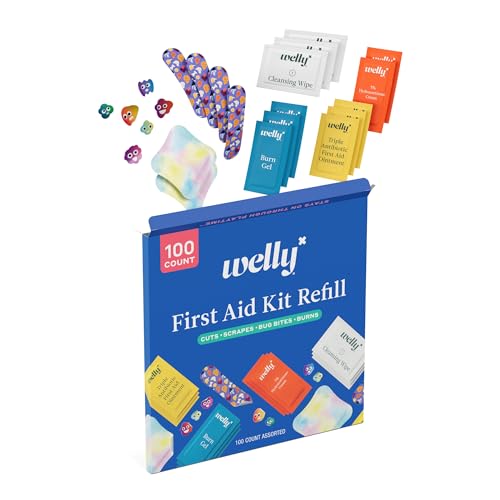 Welly First Aid Kit Refill Carton | Includes Individual Bandages, Cleansing Wipes, Antibiotic Packets, Burn Gel, Hydrocortisone Cream, and Bug Bite Relief Patches | 100 ct - color: 100 Ct First Aid Refills