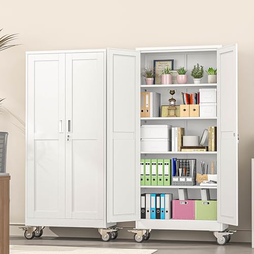 pozdeg 71" White Lockable Rolling Metal Garage Storage Cabinet - color: White, size: 14.96"D x 29.92"W x 71"H