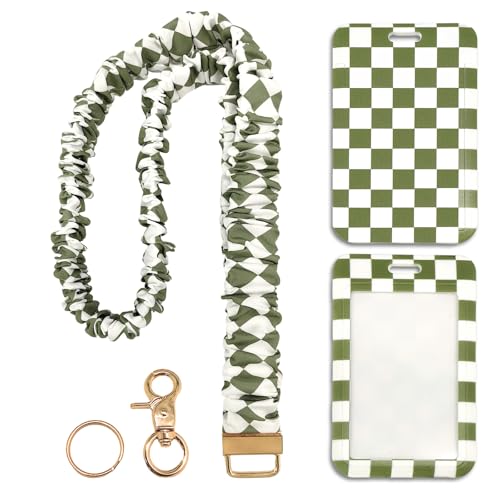 Scrunchie Lanyard/Stretchy Lanyards with ID Holder Checkered Pattern Retractable Lanyard with Badges Keychain Holder, Ideal for Women Teachers Nurse Back to School Birthday Gifts (Green) - color: Green