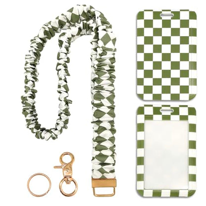 Scrunchie Lanyard/Stretchy Lanyards with ID Holder Checkered Pattern Retractable Lanyard with Badges Keychain Holder, Ideal for Women Teachers Nurse Back to School Birthday Gifts (Green) - color: Green
