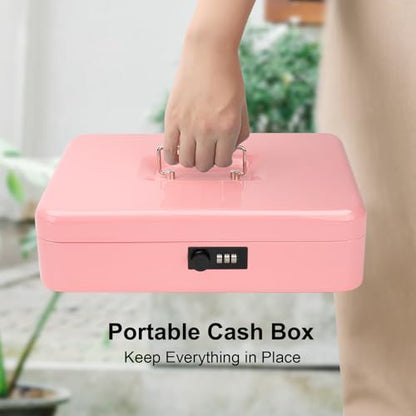 Jssmst Metal Cash Box with Money Tray and Lock, Portable Cash Drawer, 11.8" - color: Pink Code-A