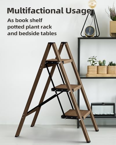 HillhutApex 3 Step Stool Foldable Ladder,Aluminum Step Ladder - color: Walnut