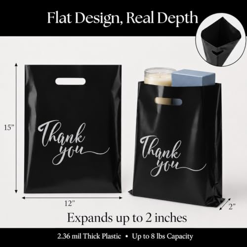 Rainbows & Lilies Thank You Plastic Bags with Handles, Black 100pk 12x15 in - color: Black