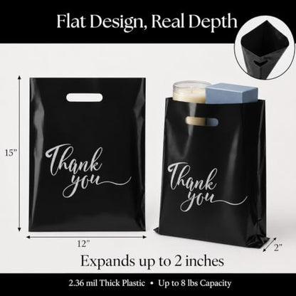 Rainbows & Lilies Thank You Plastic Bags with Handles, Black 100pk 12x15 in - color: Black