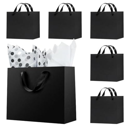 Offizon 12PCS Black Gift Bags with Stripe Tissue Small Bag 8.7x3.9x7.1in - color: Small-Black1-6PCS