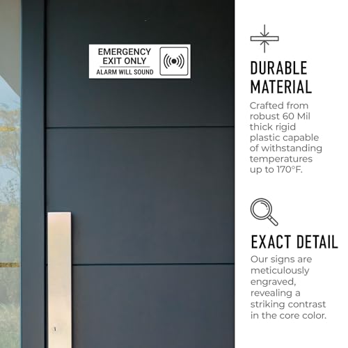 Emergency Exit Only Alarm Will Sound Sign, Engraved, - color: White, size: 3x9