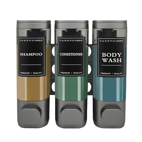 3-Chamber Wall Mount Shower Dispenser, No-Drill or Drill Install for Shampoo, Conditioner, Body Wash, Refillable Soap Dispenser for Home, RV & Hotel, Eco-Friendly & Compact (Gunmetal Gray) - color: Gunmetal Gray