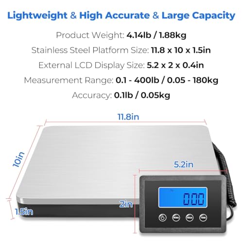 Shipping Scale, 400lb/50g Digital Postal Scale, Weight Scale for Packages/Luggage/Postage/Mail/Small Business/Warehouse, Battery & Adapter Included