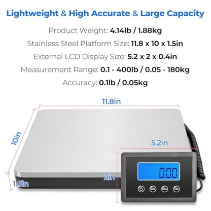 Shipping Scale, 400lb/50g Digital Postal Scale, Weight Scale for Packages/Luggage/Postage/Mail/Small Business/Warehouse, Battery & Adapter Included