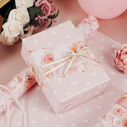 Floral Wrapping Paper Roll, Reversible Pink Wrapping Paper for Women Girls, Pink Rose White Polka Dot Design, Flower Gift Wrap Paper for Birthday Wedding Baby Shower Bridal Shower, 17Inch x 33Feet - color: Pink