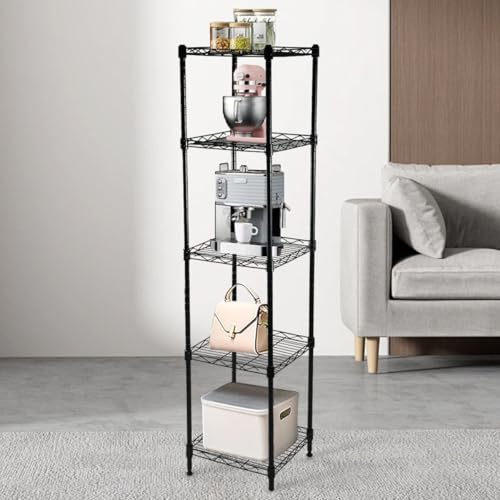 5-Wire Shelving Adjustable Shelves, Standing Storage Shelf for Laundry Bathroom Kitchen Pantry Closet Organization (Glossy Black, 11.8" L x 11.8" W x 50.5" H)