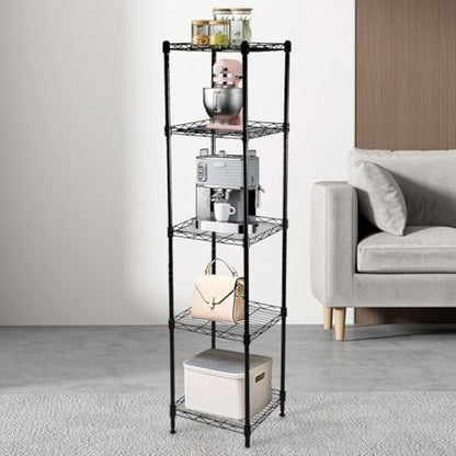 5-Wire Shelving Adjustable Shelves, Standing Storage Shelf for Laundry Bathroom Kitchen Pantry Closet Organization (Glossy Black, 11.8" L x 11.8" W x 50.5" H)