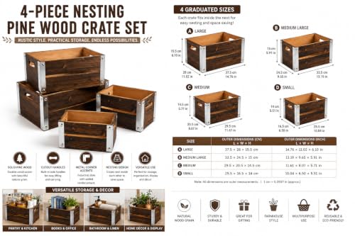 4 Pack Espresso Brown Nesting Wood Storage Crates with Cutout Handles - color: Espresso Brown