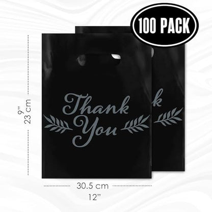 Thank You Bags, Merchandise Bags, With Handles, Black 9”x12” Bulk 100 Pk - color: Black, size: 9" x 12"