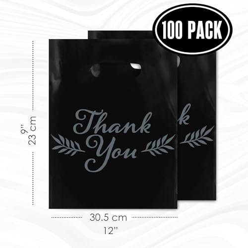 Thank You Bags, Merchandise Bags, With Handles, Black 9”x12” Bulk 100 Pk - color: Black, size: 9" x 12"