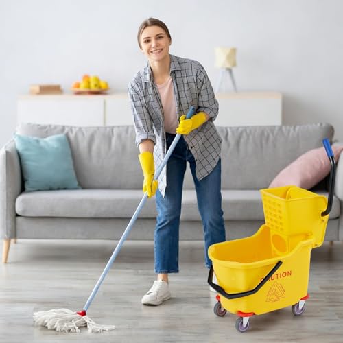 Heavy Duty 32L Commercial Mop & Bucket Set – Double Bucket System with Side Press Wringer, Wheels for Easy Mobility – High Capacity, Durable – Ideal for Industrial, Janitorial, Office,