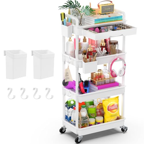 Goovilla 4 Tier Rolling Utility Cart Organizer with Removable Drawer, White - size: 4 Tier, style: White