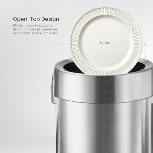 Home Zone Living 16 Gallon Commercial Trash Can with Removable Open Top Lid - color: Brushed Silver, size: Round