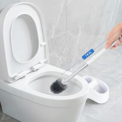 2-in-1 Toilet Brush and Holder Set with Flat Scrubber Brush,White,1Set