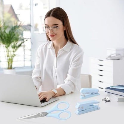 Blue Desk Accessory Kit Cute Office Supplies Set Desktop Stapler Set Includes Staple Remover Hole Punch Tape Dispenser Ballpoint Pen Scissor Mini Box Cutter Tape Measure Paper Clips Sticky Notes - color: Blue