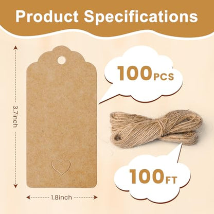 100 PCS Gift Tags with String, 3.7 x 1.8 Inch Kraft Paper Price Tags