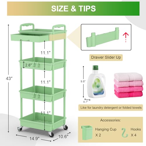 Goovilla 4 Tier Rolling Utility Cart Organizer with Removable Drawer, Green - size: 4 Tier, style: Green