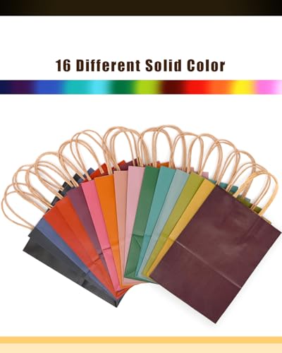 qiqee 100Pcs Small Size Paper Gift Bags with Handles - 8.3"x6"x3.15" Kraft Small Party Bags - 16 Solid Colors - size: 100 Count (Small Size)