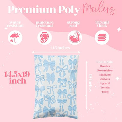Pretty Package Store Poly Mailers 14.5x19, Blue Bows, 100 Pack - color: Blue Bows, size: 14.5x19