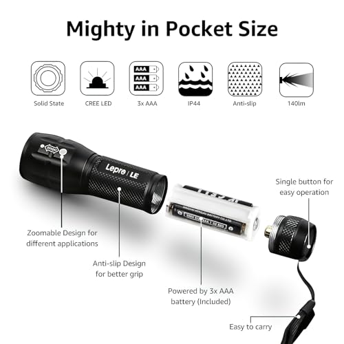 Lepro LED White Light Flashlight, High Lumens Waterproof Adjustable Focus - color: Black