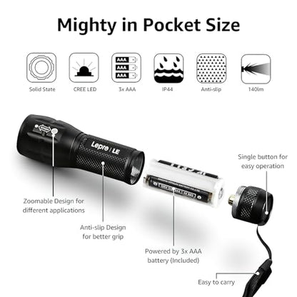 Lepro LED White Light Flashlight, High Lumens Waterproof Adjustable Focus - color: Black