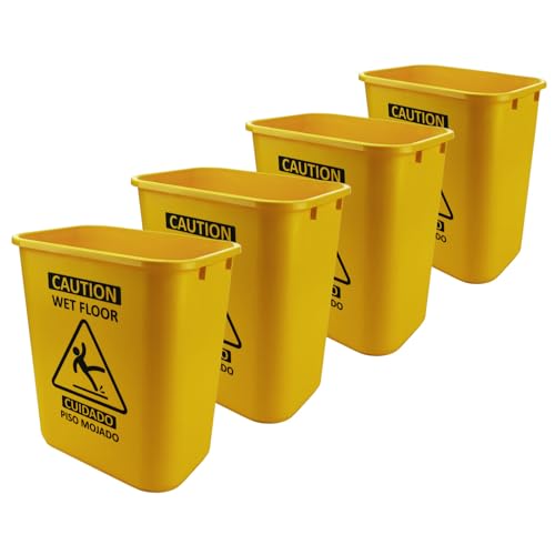 Acrimet Bucket and Wet Floor Sign, Leak Collector Bucket, Caution Wet Floor, Bilingual Safety Sign on Both Sides in English and Spanish, 27 Quart (Plastic) (Yellow Color) (Set of 4)