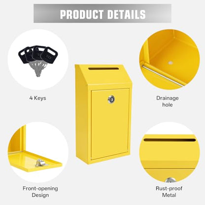 Sumerfnt Locking Cash Box with Lock and Slot, Metal Money Donation Box with 4 Keys Wall Mount, Cash Drop for Farm Stand Supplies, Self-Serve Stand, Tips, Fundraising, Yellow - color: Yellow