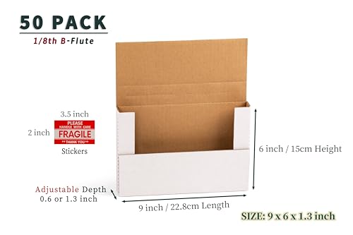 50 Pack 9x6x1.3 inch Small Shipping Boxes for DVD, Book Mailers - color: White