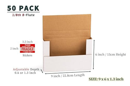 50 Pack 9x6x1.3 inch Small Shipping Boxes for DVD, Book Mailers - color: White