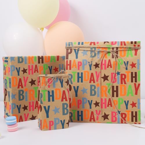 LaRibbons Birthday Wrapping Paper Mini Roll, Kraft Happy Birthday Text - color: Kraft Birthday, size: 17 Inch X 16 Feet