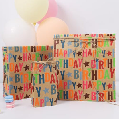 LaRibbons Birthday Wrapping Paper Mini Roll, Kraft Happy Birthday Text - color: Kraft Birthday, size: 17 Inch X 16 Feet