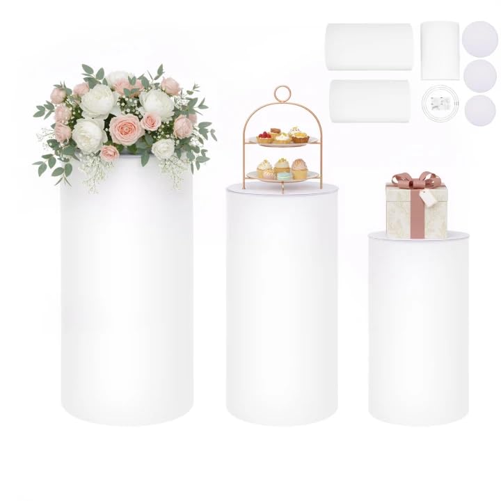 Cylinder Pedestal Stands for Party, 3Pcs White Cylinder Stands 24"-35" Tall, Cake Stand for Wedding Birthday Party Display, Heavy Duty PVC Acrylic Pillars 13"-15.8" Diameter