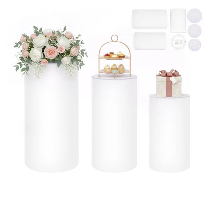 Cylinder Pedestal Stands for Party, 3Pcs White Cylinder Stands 24"-35" Tall, Cake Stand for Wedding Birthday Party Display, Heavy Duty PVC Acrylic Pillars 13"-15.8" Diameter