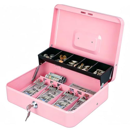 KYODOLED Locking Cash Box with Lock, Money Box with Cash Tray,Lock Safe Box with Key, Money Saving Organizer, 11.81Lx 9.45Wx 3.54H Inches, Pink XL Large - color: Pink