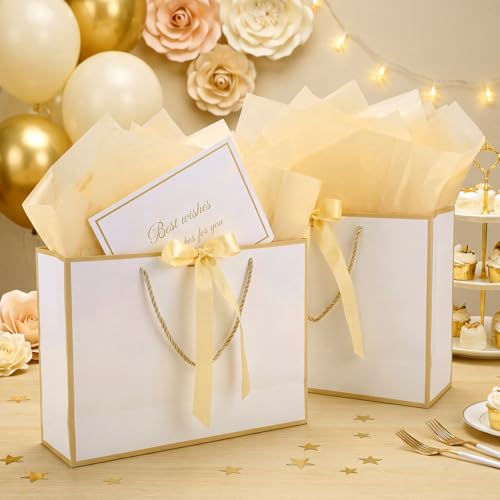 woric 2 Pcs White Gold Foil Gift Bags, 14" Medium Wedding Gift Bag - color: White with Gold Edge